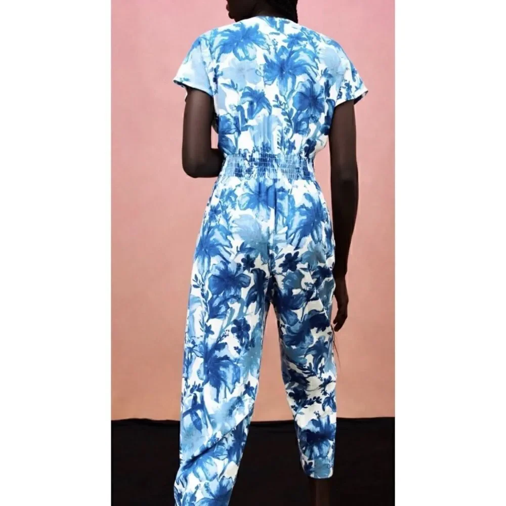 ZARA Floral Print Jumpsuit Blue V-Neck Linen Size XS/ excellent